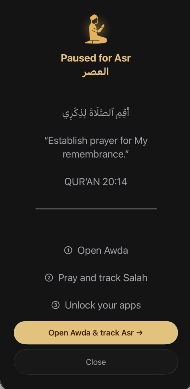 Awda shield screen — apps paused for Asr